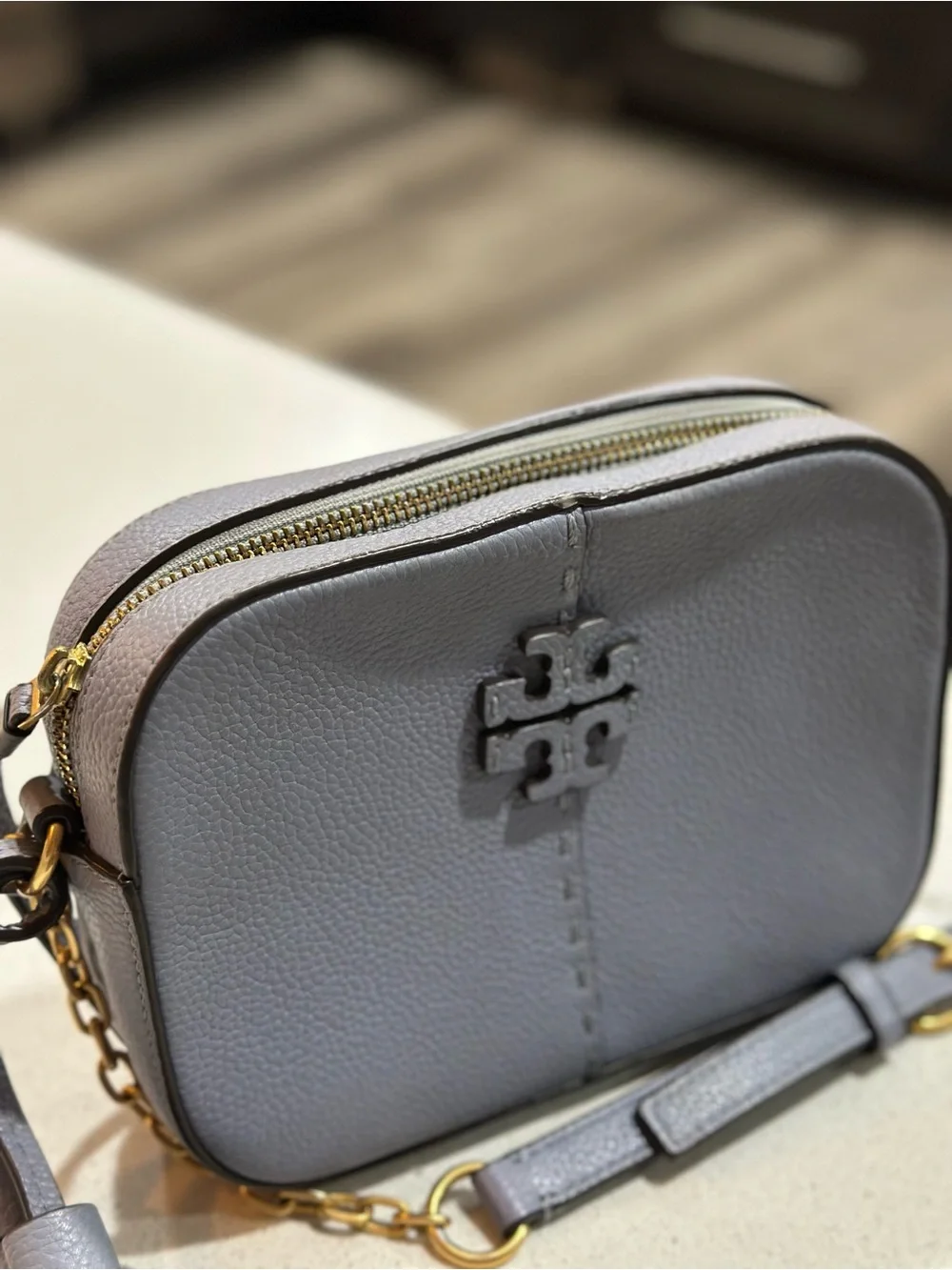 Tory Burch McGraw Camera Bag • Gold Chain Tassel Cloud Blue Periwinkle Crossbody